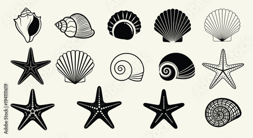 Black and white illustration of various seashells and starfish on a beige background, Generative AI.