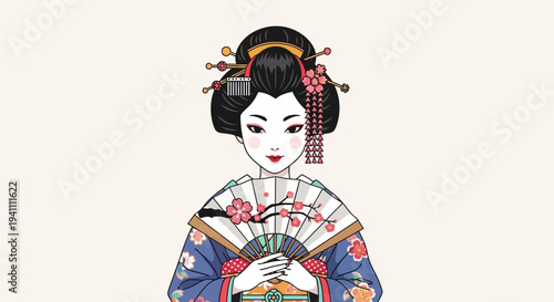 Elegant Geisha Holding Fan, Traditional Japanese Woman in Kimono, Artistic Portrait