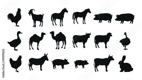 Black silhouettes of various farm animals