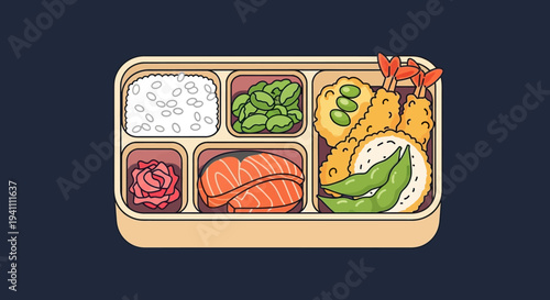 Japanese Bento Box Lunch with Salmon, Shrimp Tempura, Edamame, and Rice
