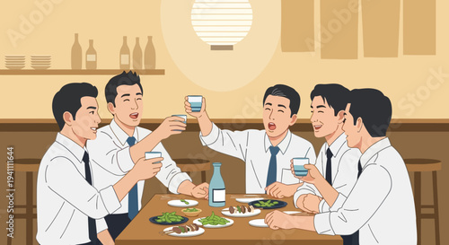 Japanese businessmen celebrating with drinks and food at a restaurant