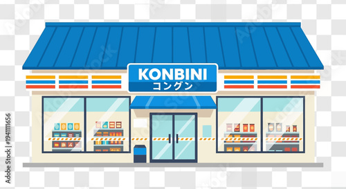 Japanese Konbini Convenience Store Facade with Blue Roof and Shelves Displaying Goods