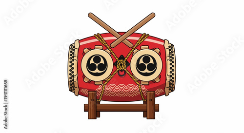 Japanese Taiko Drum on Stand with Drumsticks, Traditional Percussion Instrument