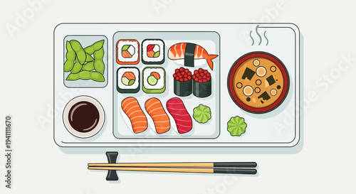 Japanese Sushi Platter with Miso Soup, Edamame, and Soy Sauce
