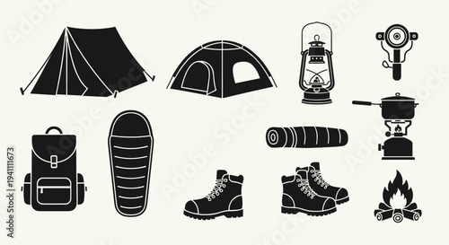 Camping icons set including tent lantern sleeping bag and hiking gear on light background, Generative AI.