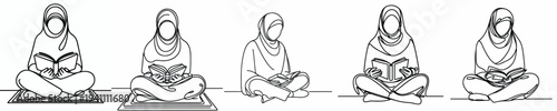 line art of a Muslim woman sitting reading the Quran front view