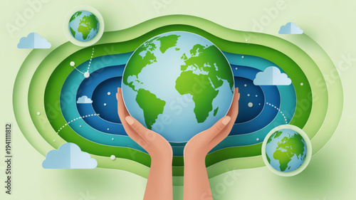 Hands cradling earth globe with environmental layers and clouds symbolizing eco care and protection