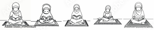 line art of a Muslim little girl sitting reading the Quran front view