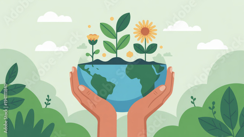 Hands cradling earth globe with green plants and yellow flowers growing on top symbolizing eco friendly care and environmental protection