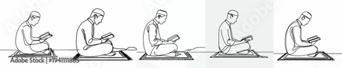 line art of a Muslim man sitting reading the Quran side view