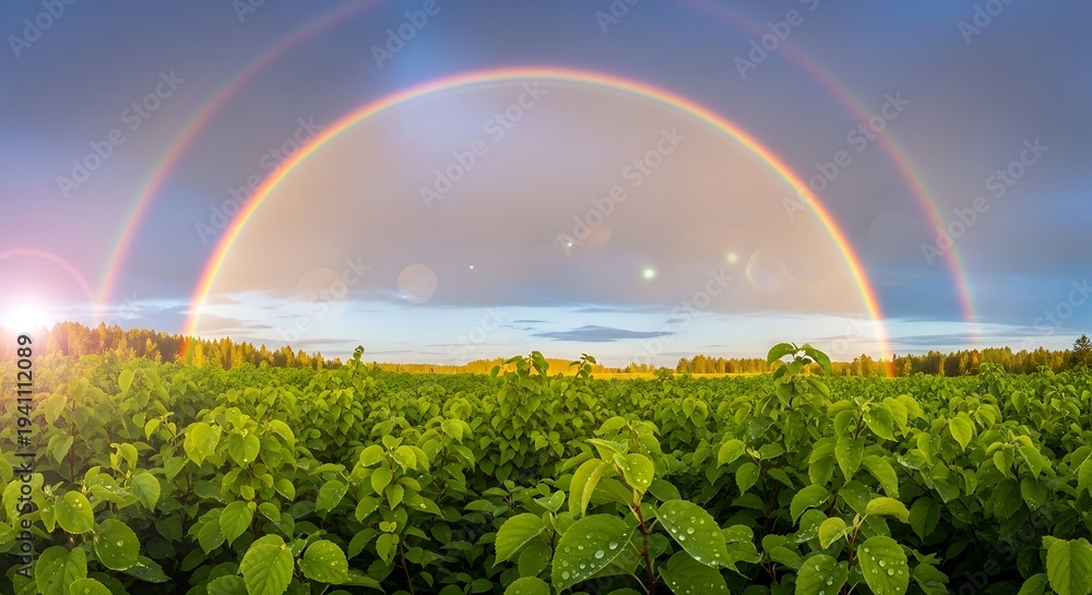 Naklejka premium Breathtaking Double Rainbow Arches Gracefully Over a Vast, Verdant Field, Bathed in Golden Light, Symbolizing Hope and Natural Beauty After the Rain