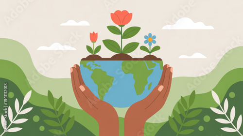 Hands holding a globe with plants growing symbolizing environmental care and sustainability in a natural landscape