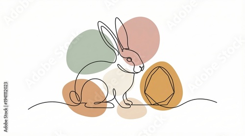 Minimalist Line Drawing of a Rabbit with Colorful Abstract Shapes in the Background