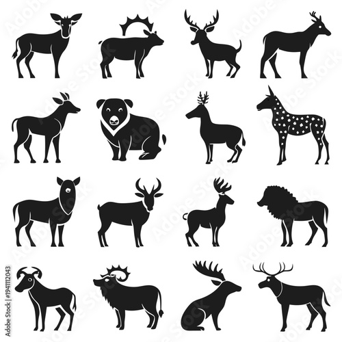 Collection of silhouetted deer and bear icons in black