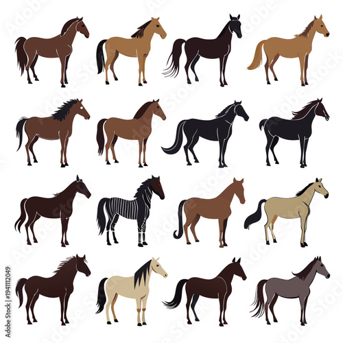 Set of simple vector graphic horses in various colors