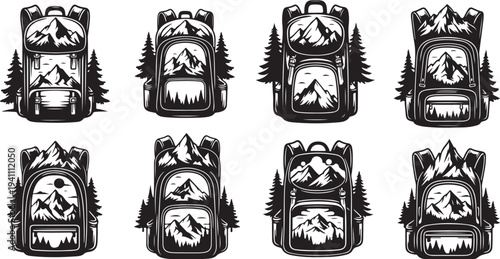 Black and white backpacks with mountain designs illustration set