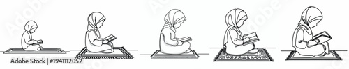line art of a Muslim little girl sitting reading the Quran side view