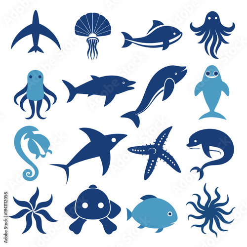 Collection of Aquatic Animal Icons in Blue Color Palette