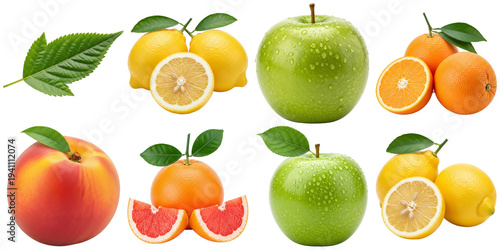 Fresh fruit and leaves on white background isolated on a transparent background