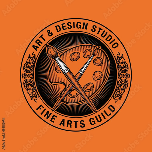 Art Design Studio Fine Arts Guild Vintage Emblem with Paintbrushes and Palette