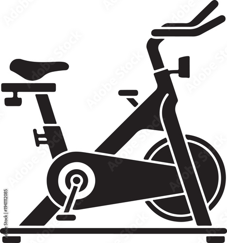 Stationary exercise bike vector icon representing indoor fitness equipment for cardio workout, health, and home gym activity, isolated design.