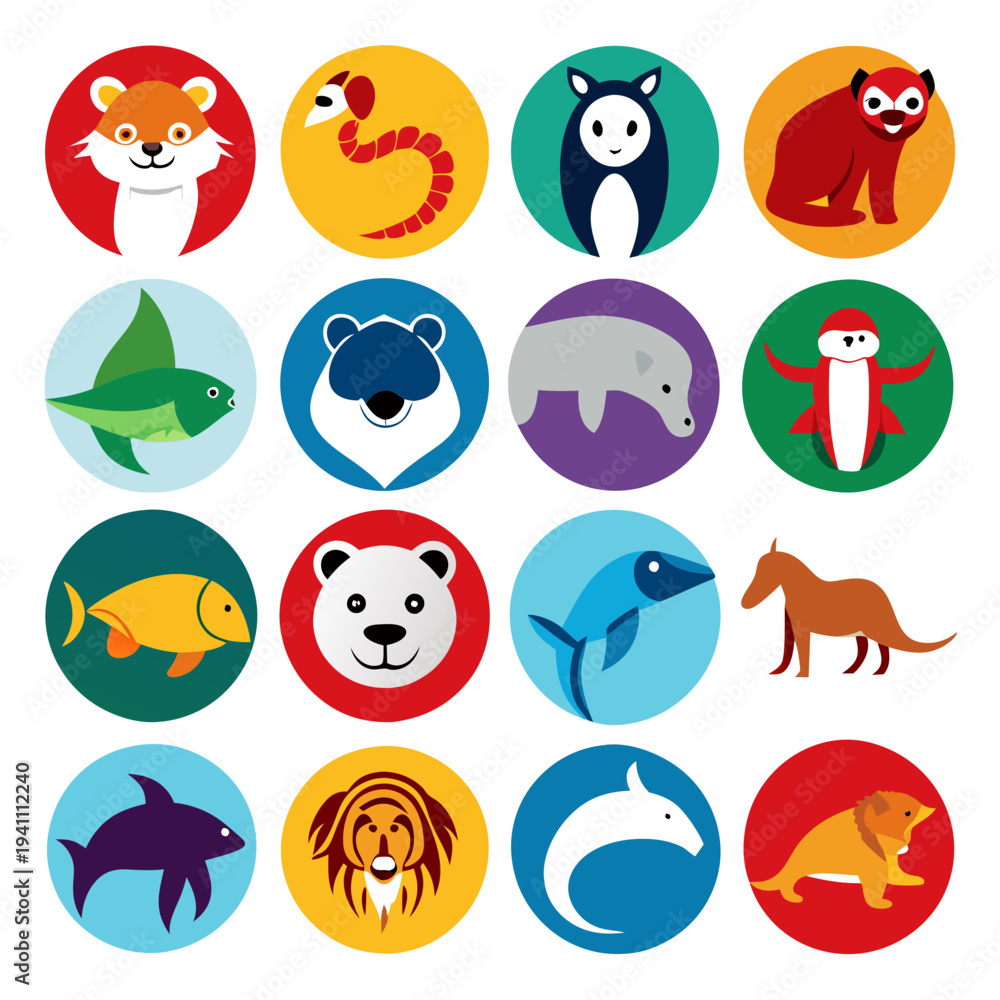 Fototapeta premium Collection of flat animal icons in colorful circles