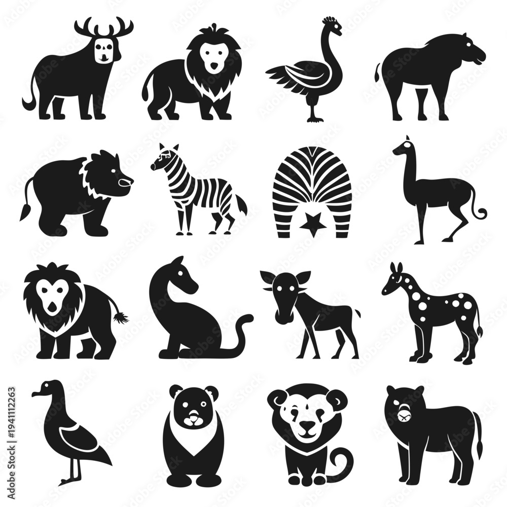 Obraz premium Animal icon set. Silhouettes of wild animals in flat design