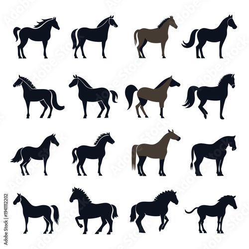 Various horse silhouettes in black and brown on white
