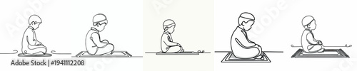 line art of a Muslim little boy sitting on a prayer mat
