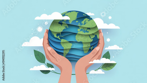 Hands cradling earth globe with leaves and clouds on light blue background symbolizing environmental care and sustainability