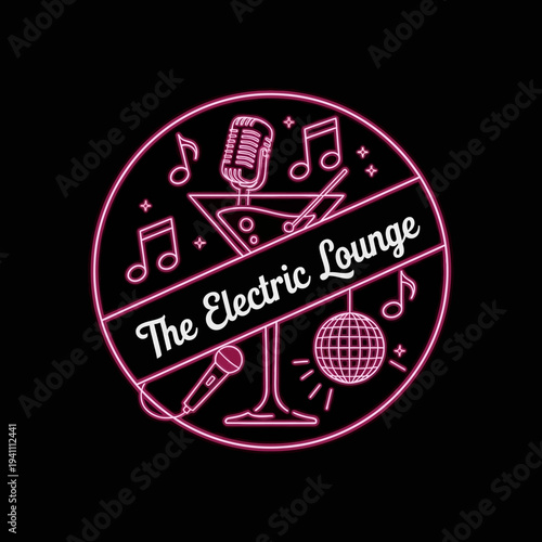 Neon Electric Lounge Music Bar Design with Cocktail and Microphones