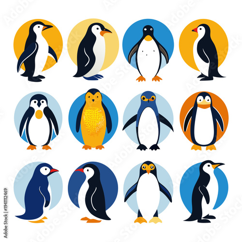 Twelve cute penguins standing on circles in flat design