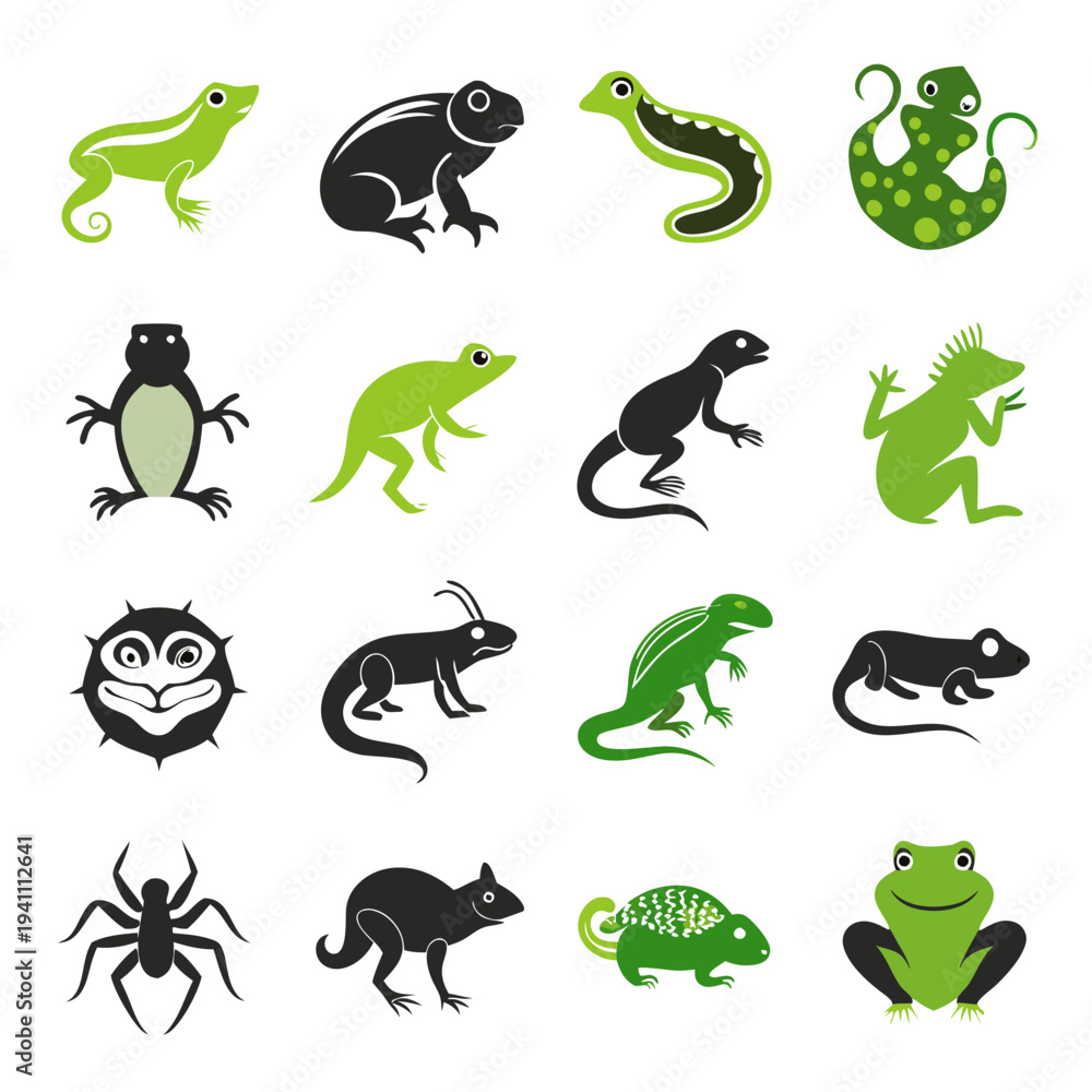 Naklejka premium Collection of reptiles and insects vector cartoon illustrations