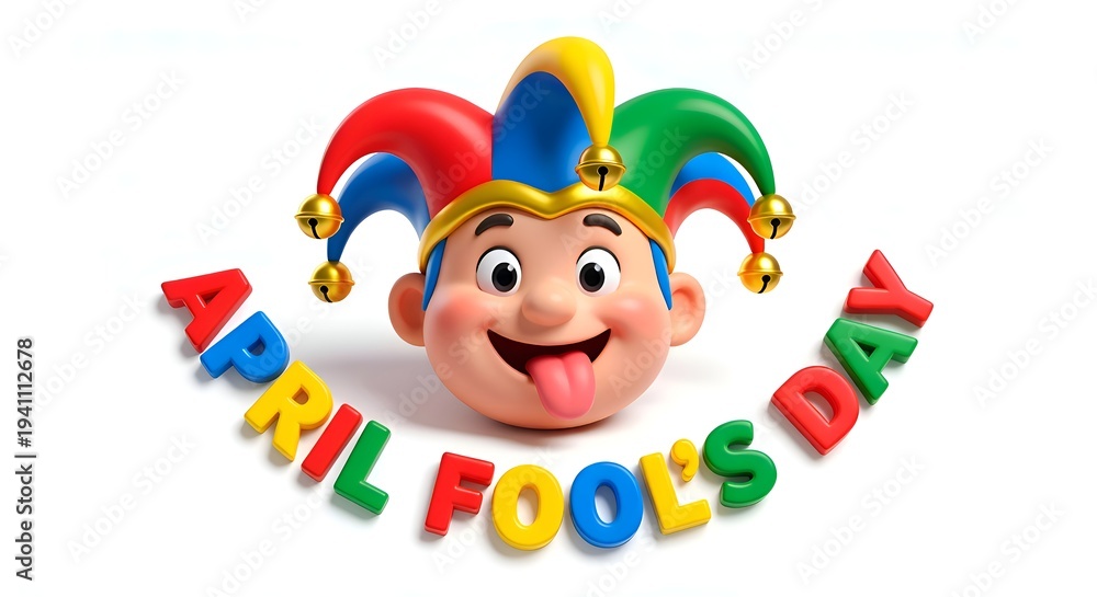 Obraz premium 3D jester face with bells and April Fool's Day text on white background