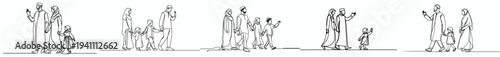 line art of a Muslim family walking together happily