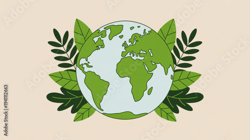 Green earth globe surrounded by leaves on beige background symbolizing eco friendly concepts and environmental awareness