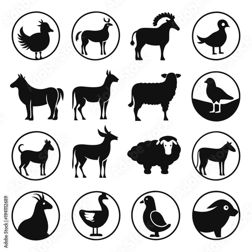 Silhouetted farm animals and birds icons collection in circles