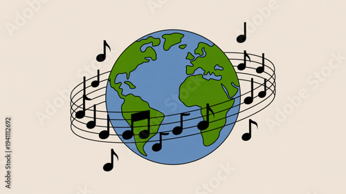 Vibrant earth globe with musical notes on beige background symbolizing global harmony and music