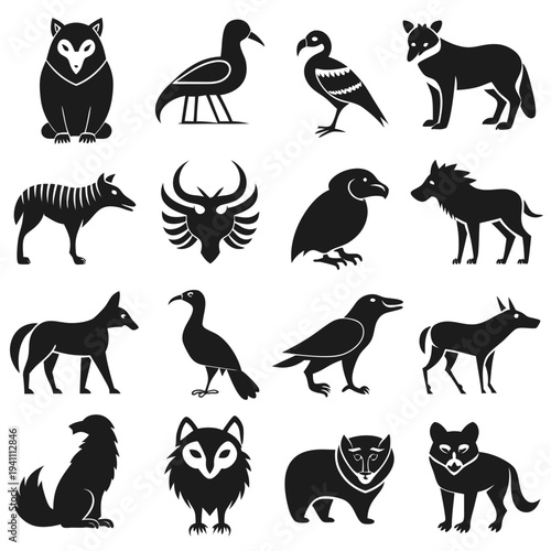 Collection of Various Animal Silhouettes in Graphic Style