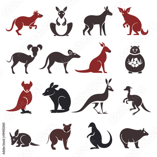 Variety of marsupial silhouettes in minimalistic graphic style
