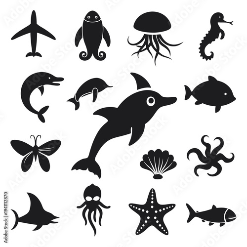 Sea life and airplane icons in silhouette monochrome style