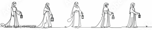 Line art of a Muslim woman standing holding a Ramadan lantern front view