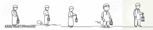 Line art of a Muslim little boy standing holding a Ramadan lantern