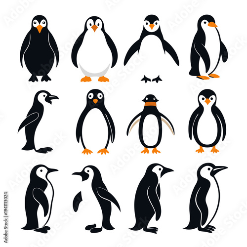 Collection of Stylized Penguin Illustrations on a White Background