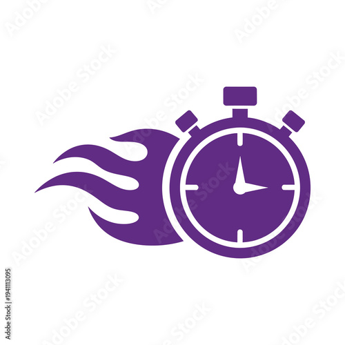 Purple stopwatch with flames speeding up timer icon fast pace icon
