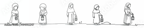 Line art of a Muslim little girl standing holding a Ramadan lantern