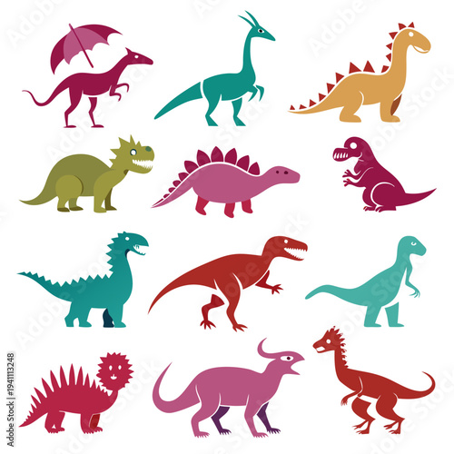 Colorful Dinosaurs in Flat Design Graphic Illustration Set