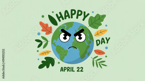 Earth with angry face surrounded by leaves on earth day april 22nd symbolizing environmental concerns and ecology