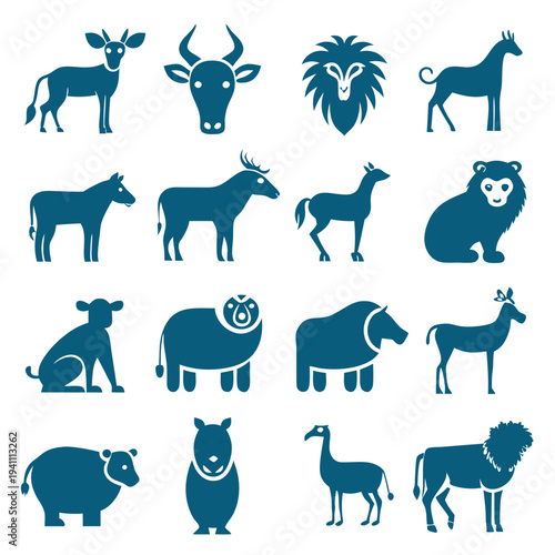 Diverse animal icons in flat design style on white