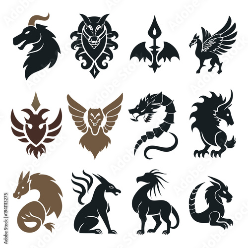 Heraldic animal collection of mythical creature vector icons